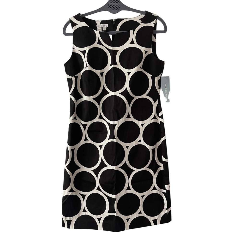 London Times Black‎ & White Geometric Circle Shift Dress 4 NWT